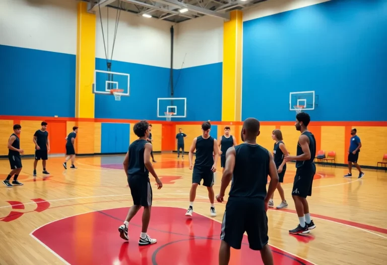 Players practicing on a basketball court at Washington High School
