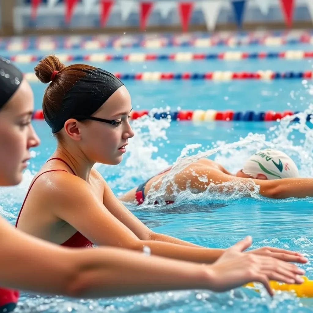 Young female swimmers on the Wellington swim team diving into the pool