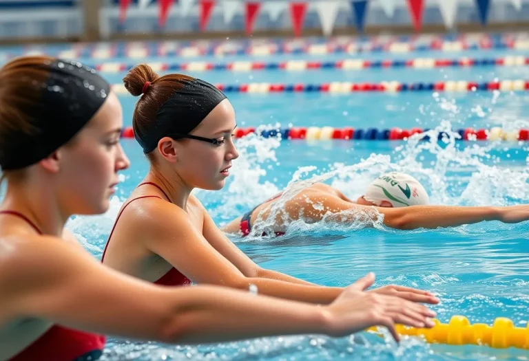Young female swimmers on the Wellington swim team diving into the pool