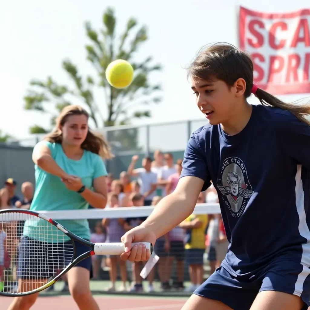 Wenatchee Wildcats tennis players competing in a match with cheering fans in the background.