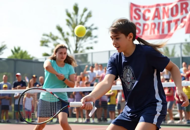 Wenatchee Wildcats tennis players competing in a match with cheering fans in the background.