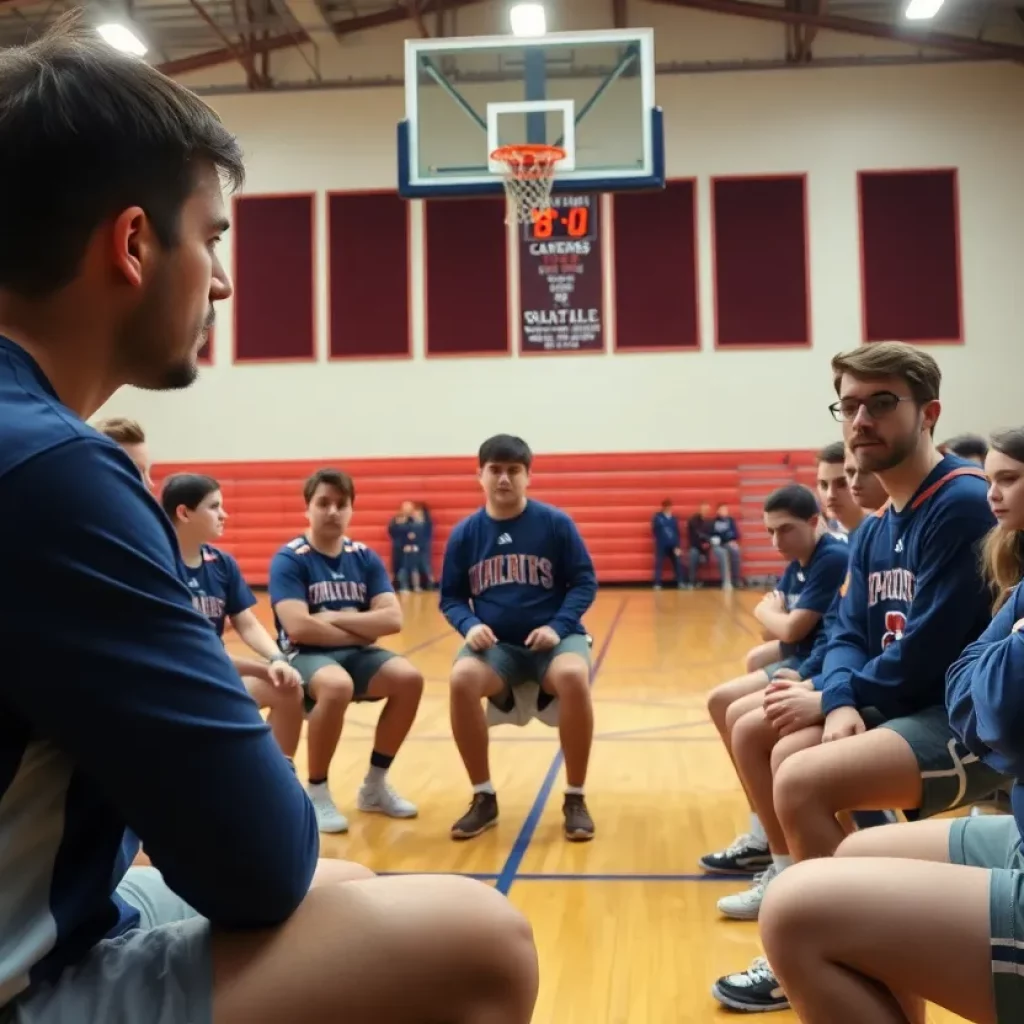High school lacrosse team discussing serious allegations in a meeting.