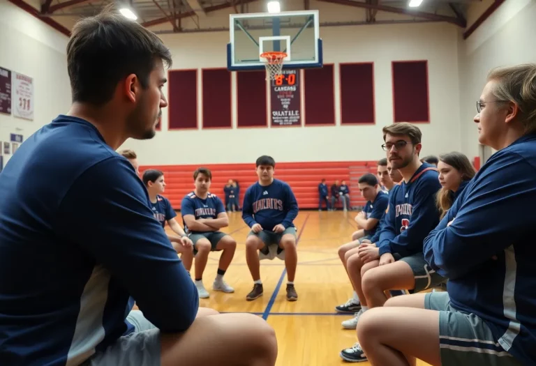 High school lacrosse team discussing serious allegations in a meeting.