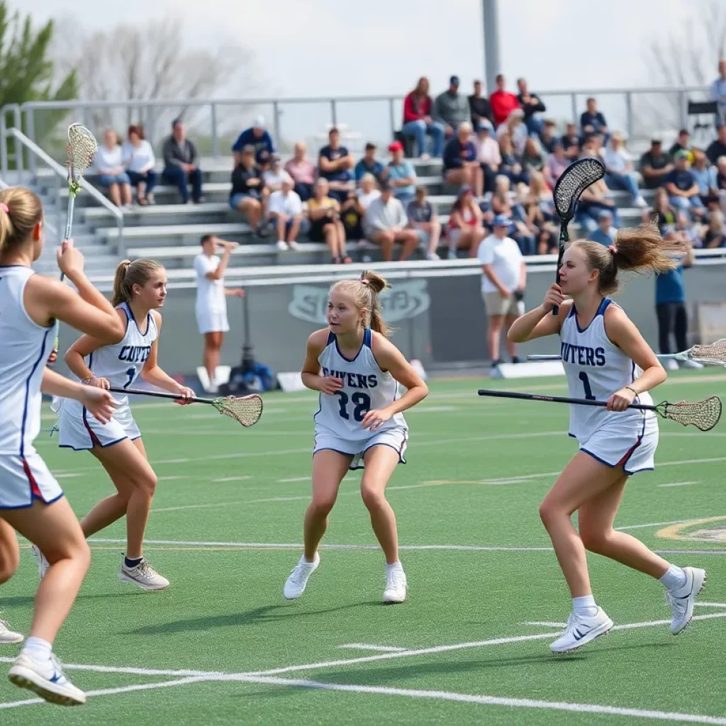 Weymouth girls lacrosse team playing in a match.