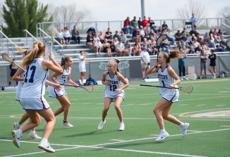 Weymouth girls lacrosse team playing in a match.