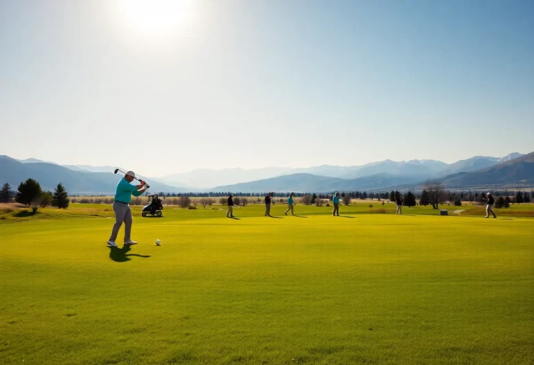 Players practicing on a scenic golf course during the Wheatland Spring Golf Tournament.