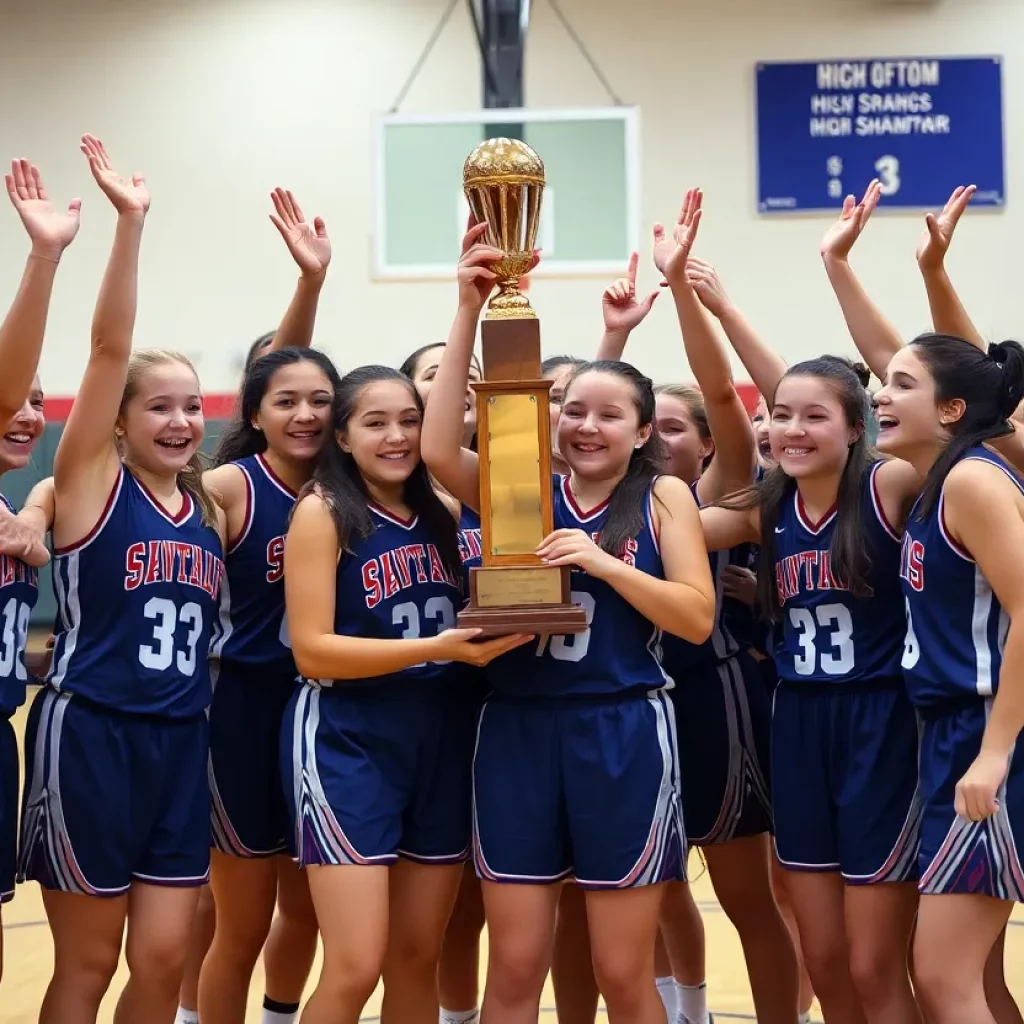 High school girls basketball team celebrating with a trophy in the gym