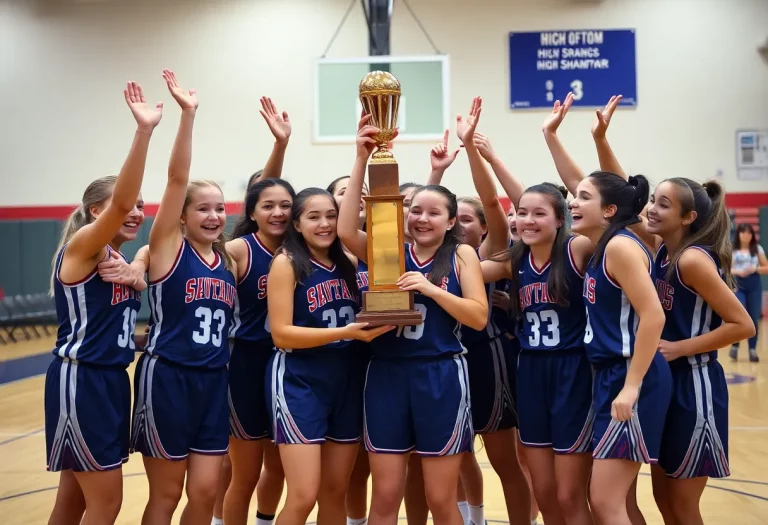High school girls basketball team celebrating with a trophy in the gym