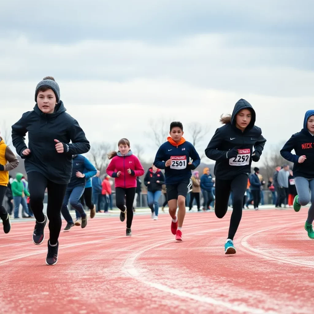 High school athletes competing in track and field amid cold weather conditions