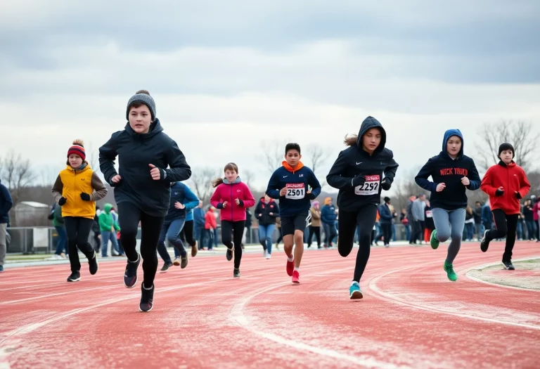High school athletes competing in track and field amid cold weather conditions