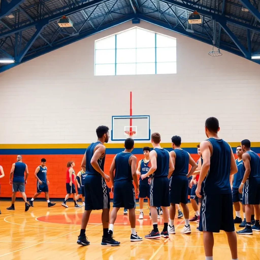 Players practicing in Withrow High School basketball gym