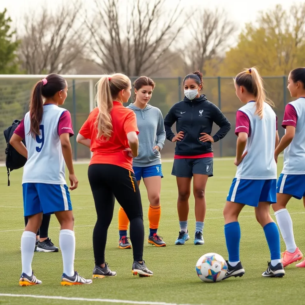 Female soccer coaches mentoring young girls on a soccer field