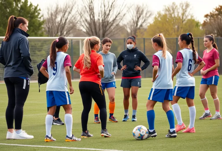 Female soccer coaches mentoring young girls on a soccer field