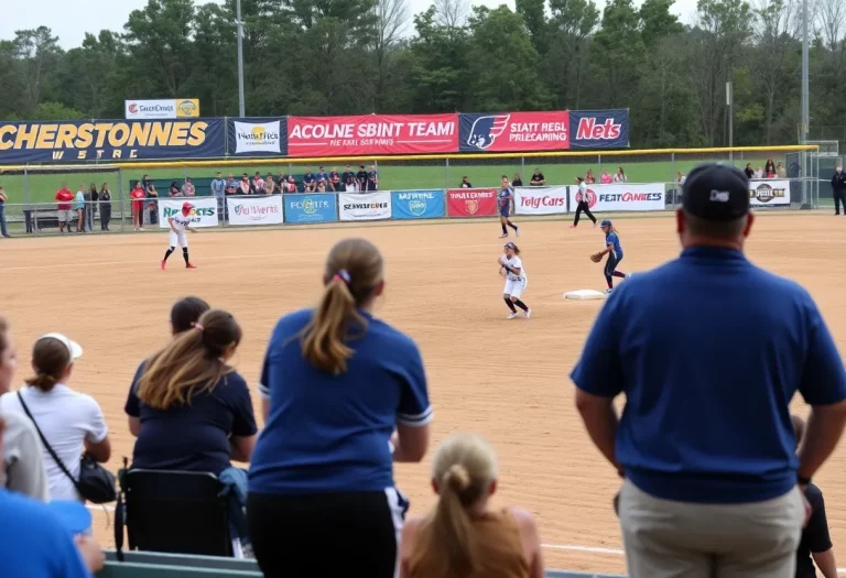 Players in a high school softball game showcasing teamwork and determination