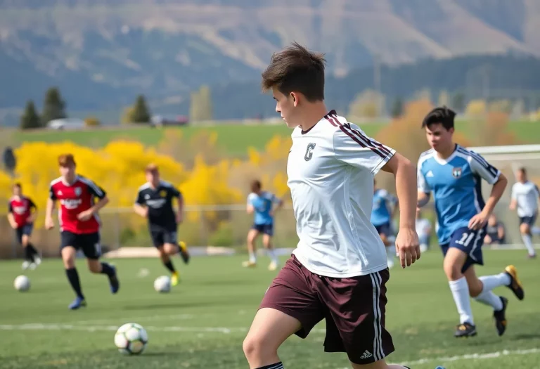 High school boys' soccer players in action during a match in Wyoming