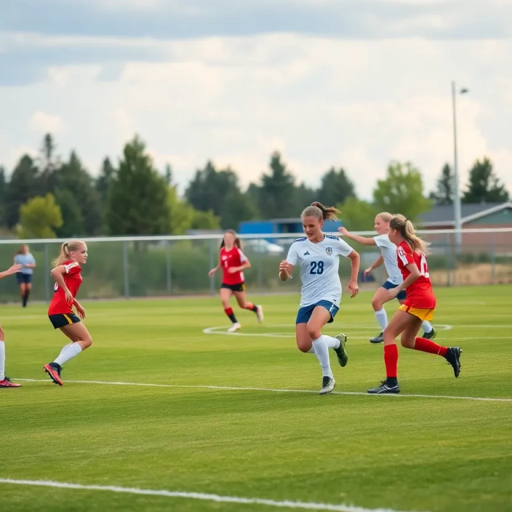 Girls soccer players competing in a high school match in Wyoming.