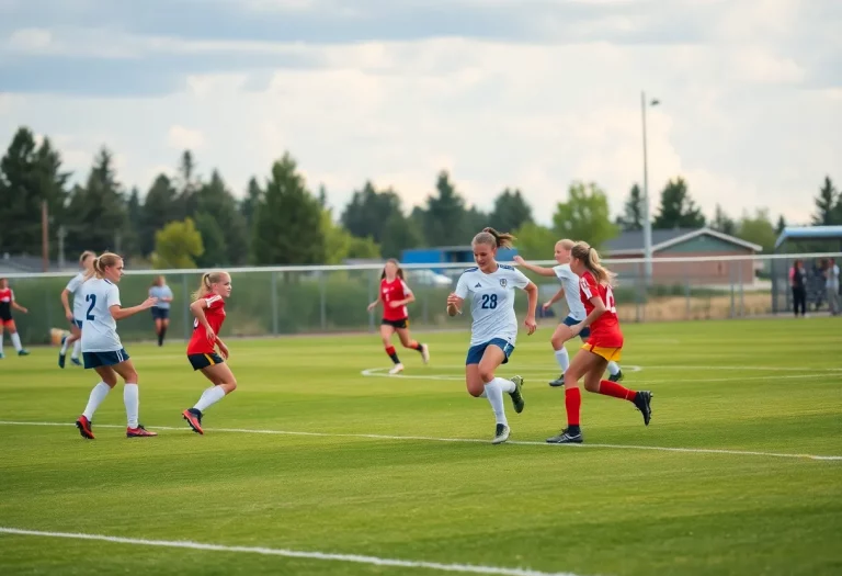 Girls playing soccer in Wyoming high school uniforms on a sunny day.