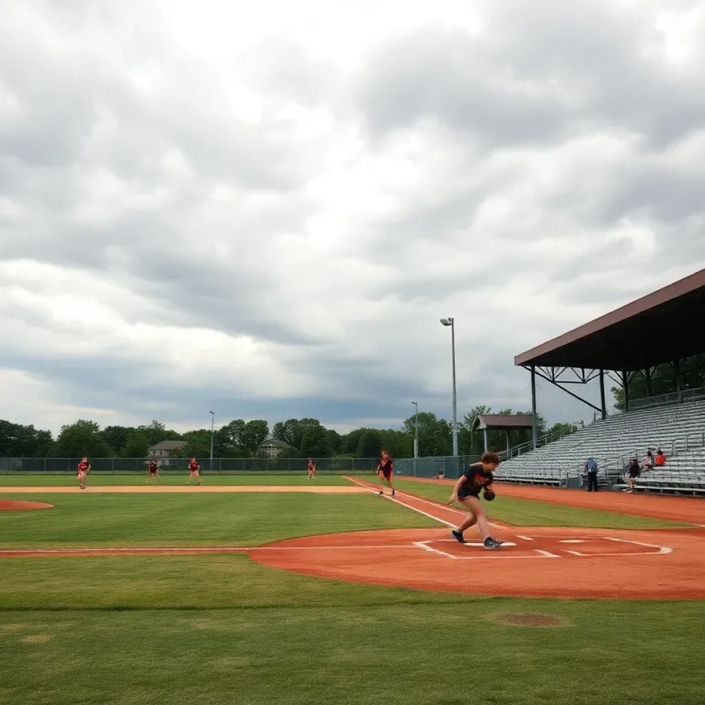 High school softball teams playing under cloudy weather in Wyoming
