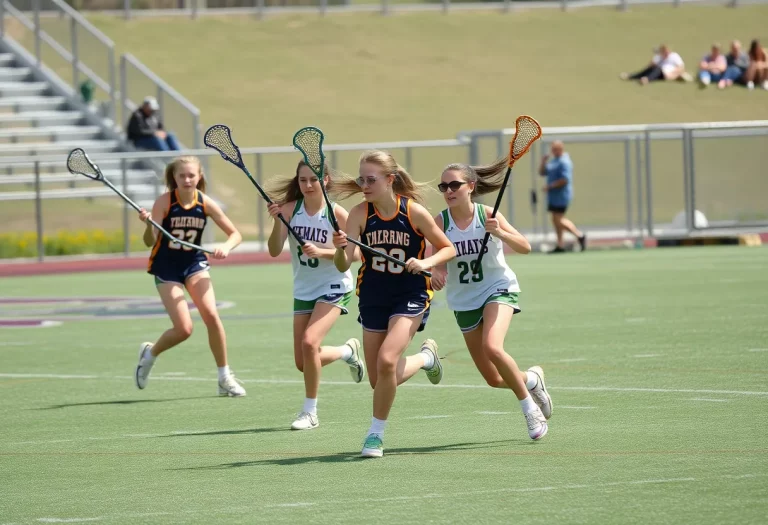 Girls' lacrosse team playing energetically on the field
