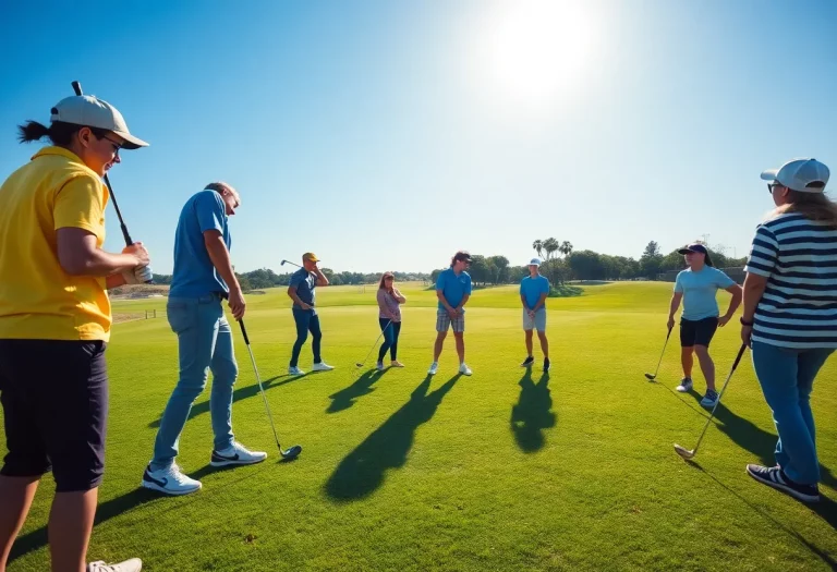 Diverse young golfers practicing on a golf course