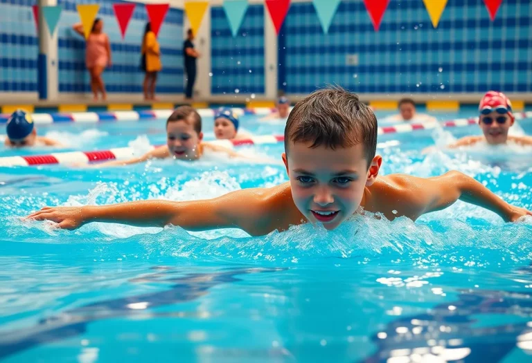 Young swimmers practicing in a pool, demonstrating teamwork and focus.