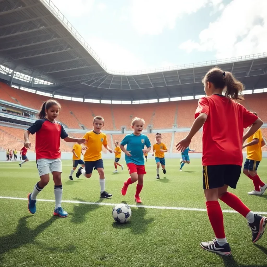 Youth soccer players practicing together