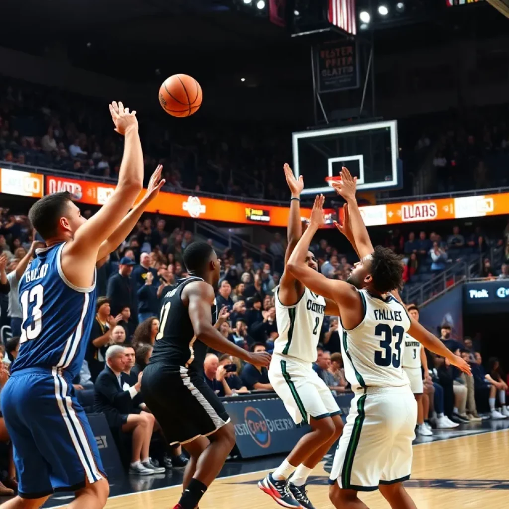 College basketball players in action during a game