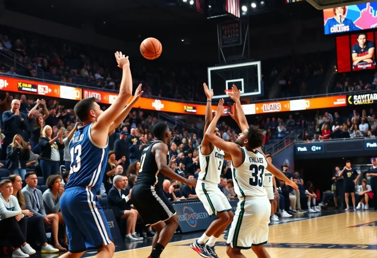 College basketball players in action during a game