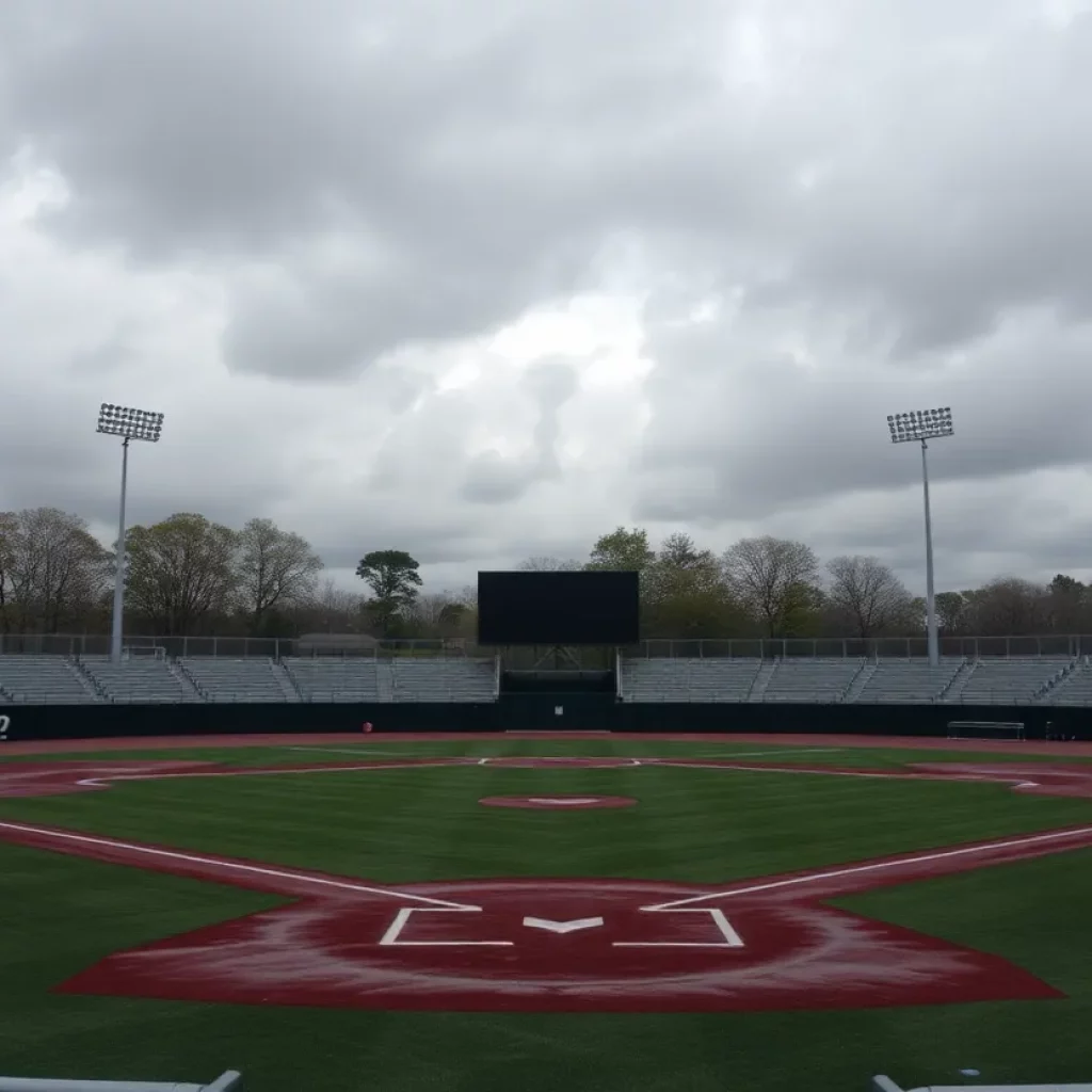 Cloudy sky over an empty high school baseball field with sports equipment.