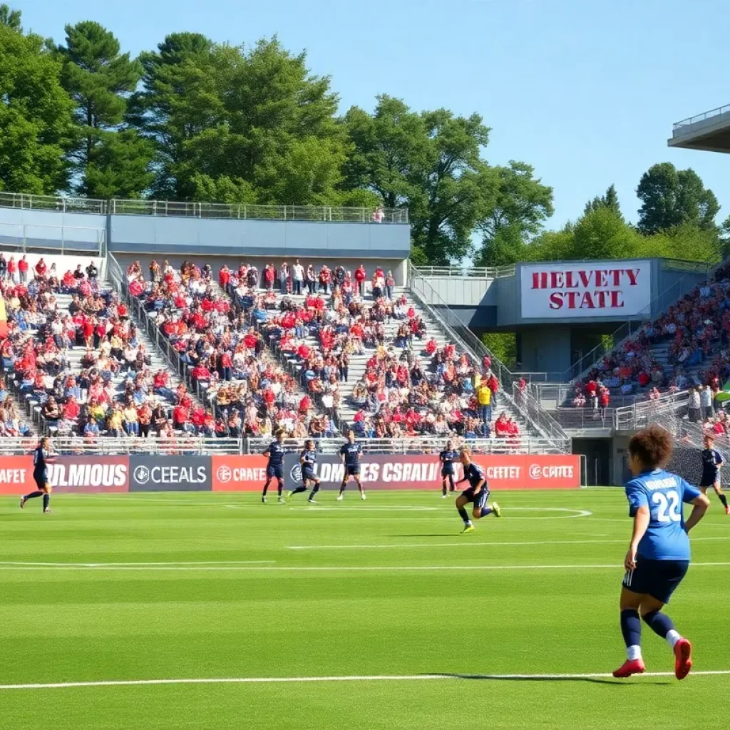 High school soccer match during Alabama finals with players competing and fans cheering.
