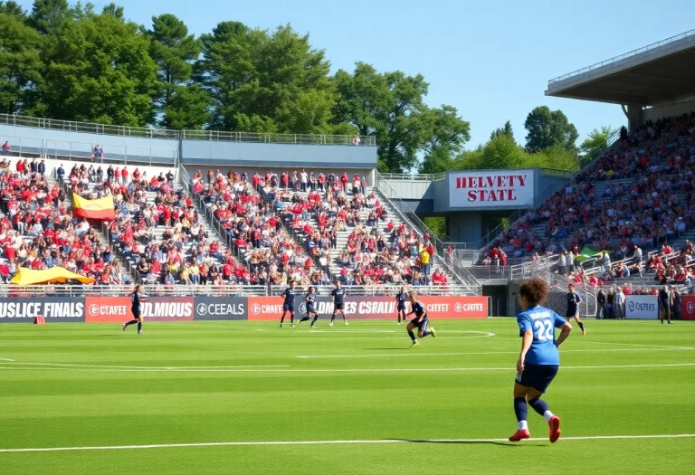 High school soccer match during Alabama finals with players competing and fans cheering.