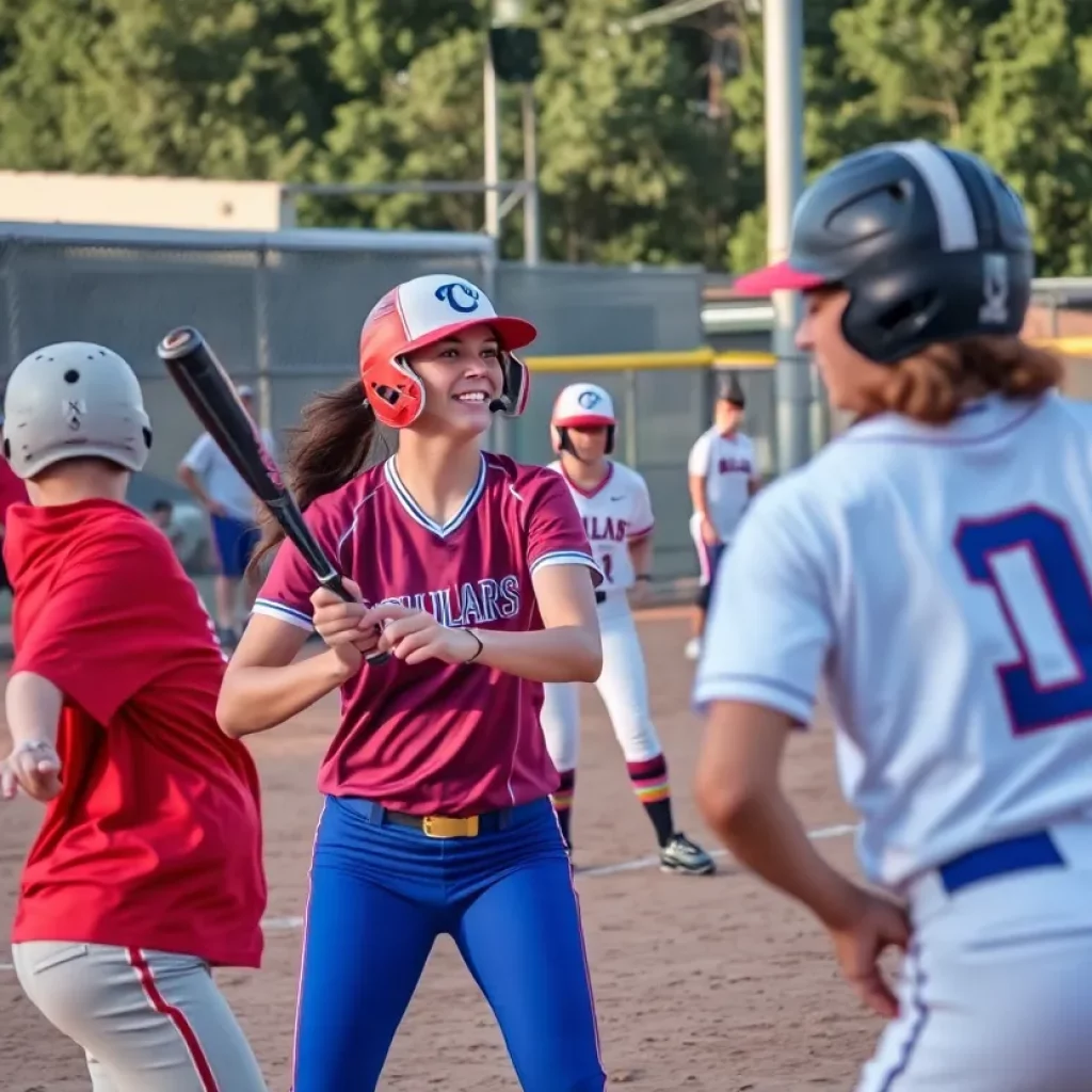 Alabama high school softball players in action during a game.