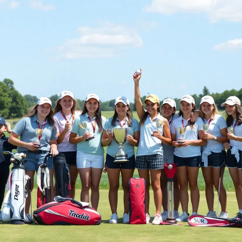 Girls golf team celebrating victory with trophies on a golf course