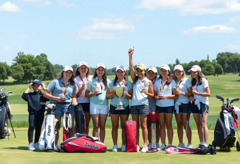 Girls golf team celebrating victory with trophies on a golf course