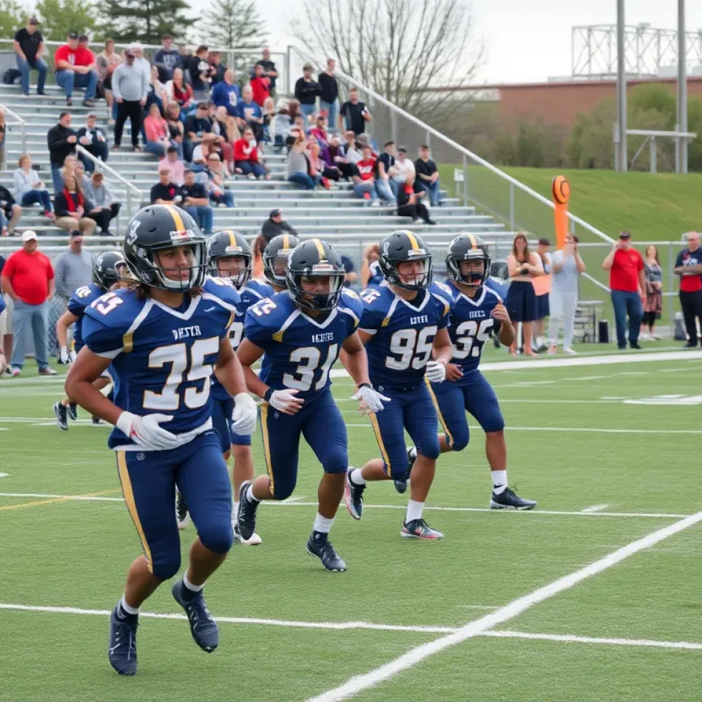 Energetic high school football players practicing with community support