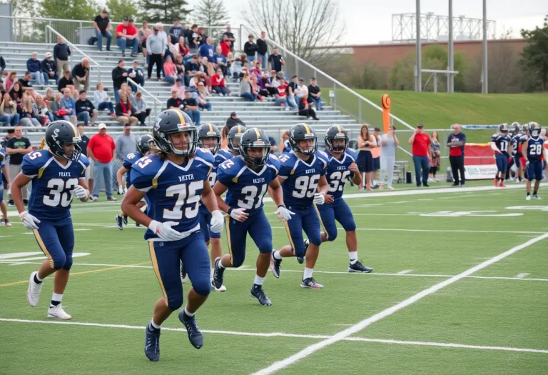 Energetic high school football players practicing with community support