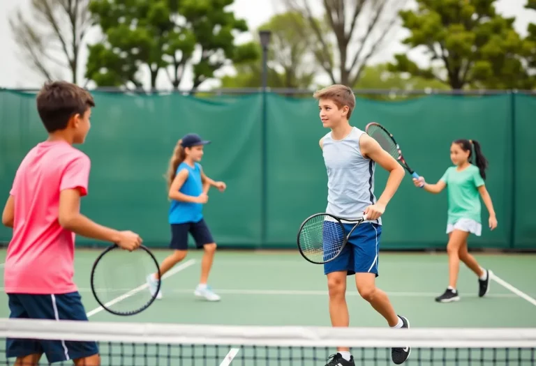 A youth tennis match showcasing players competing energetically on the court.