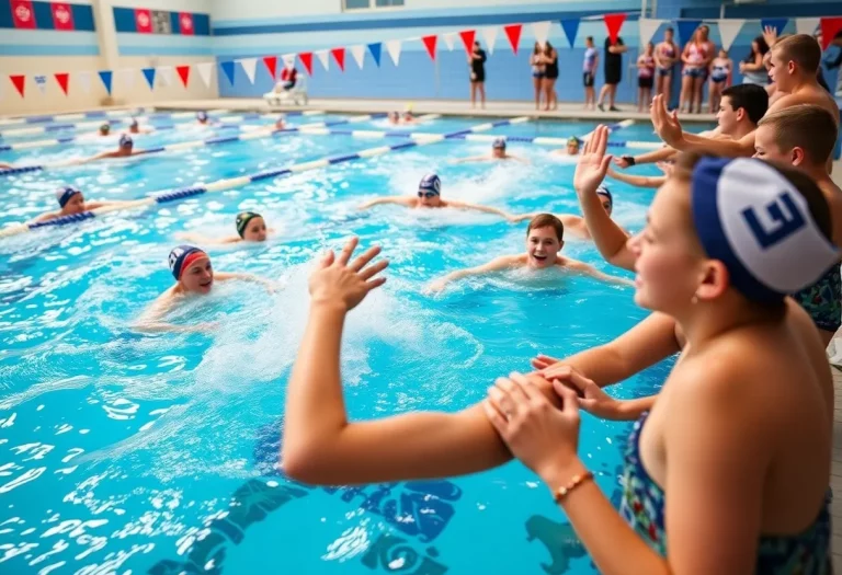 Andover High School swim team members celebrating their championship victory