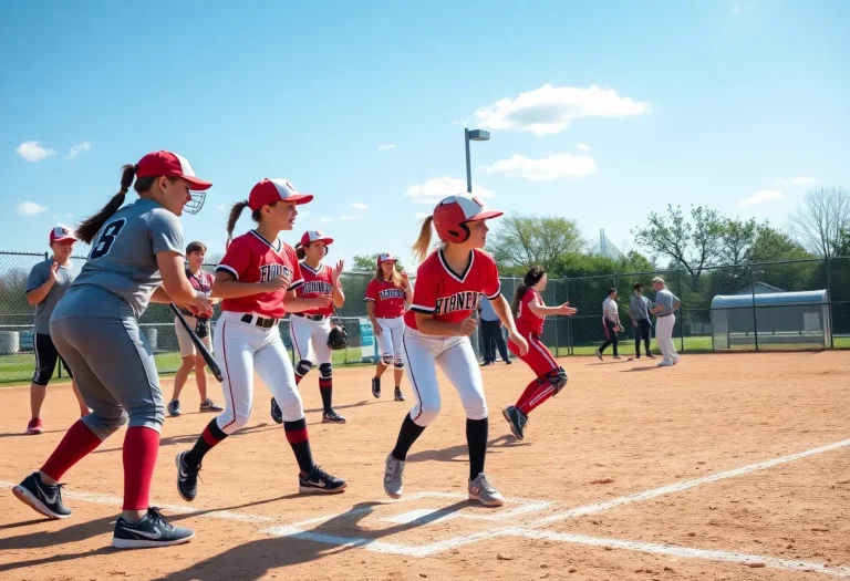 High school athletes playing softball in an energetic game.