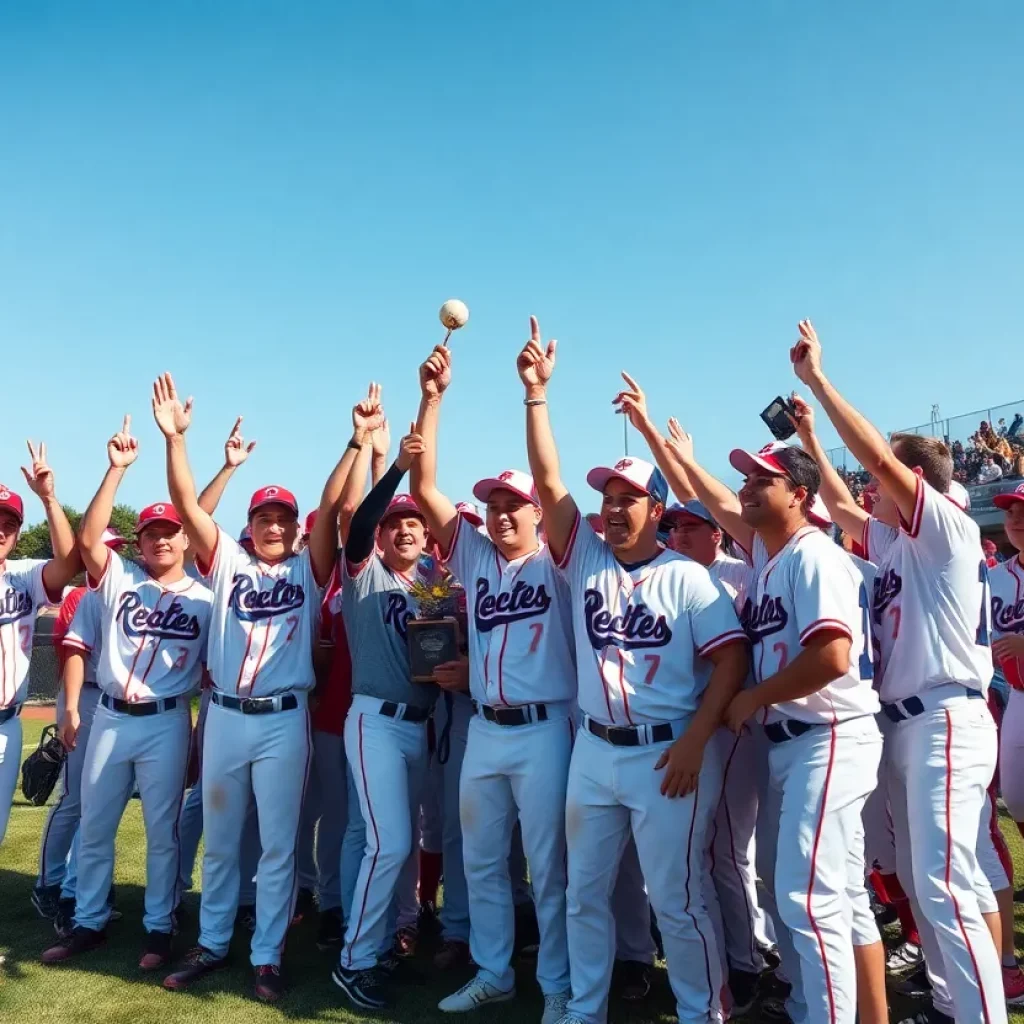 High school baseball players celebrating championship victory