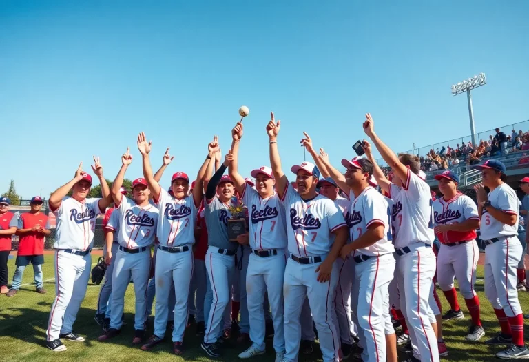 High school baseball players celebrating championship victory