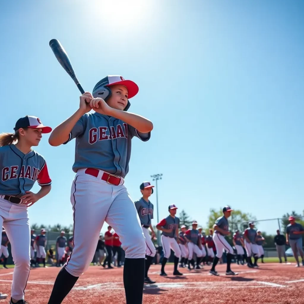 Young athletes playing baseball in a high school game