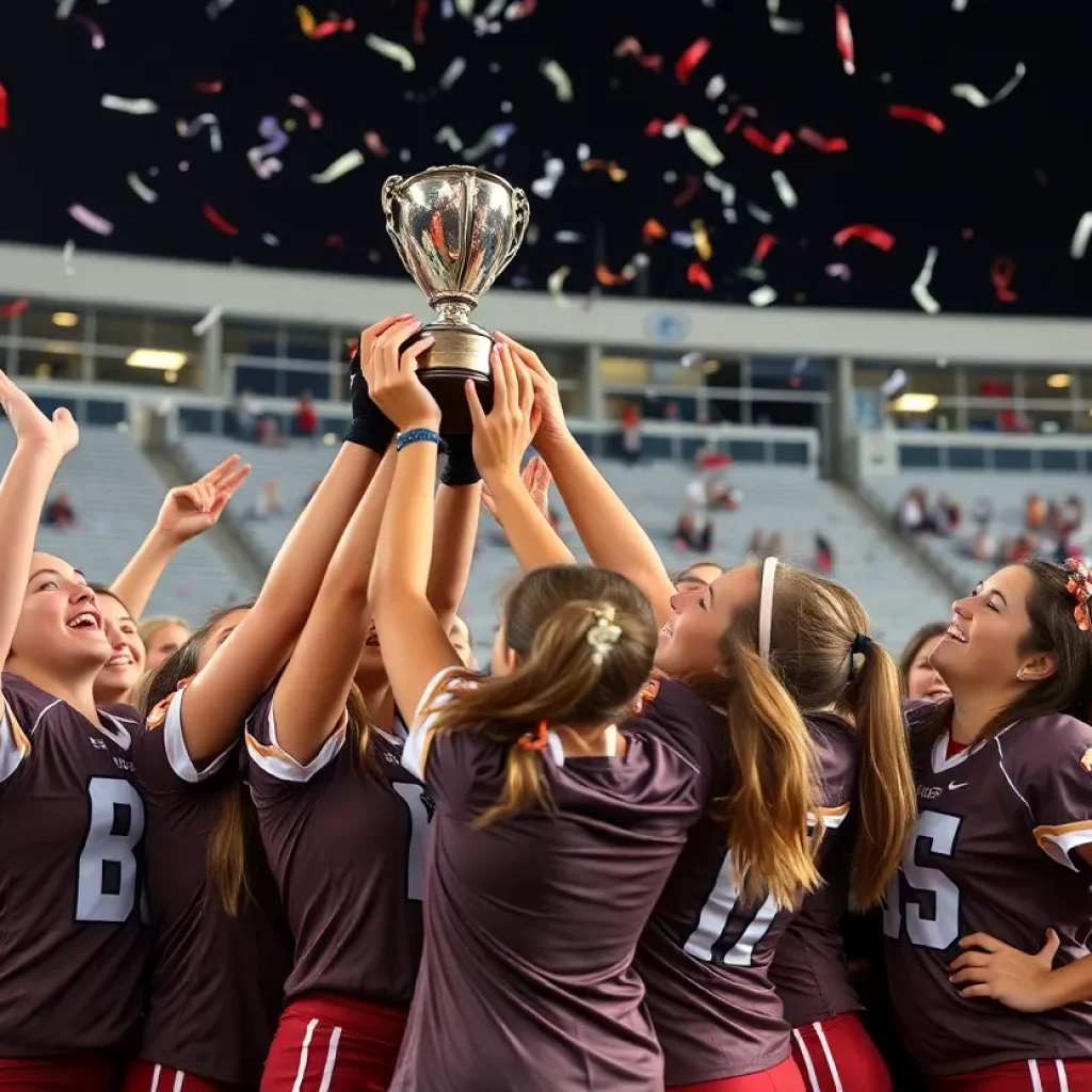 Badin High School girls flag football team celebrating their championship victory