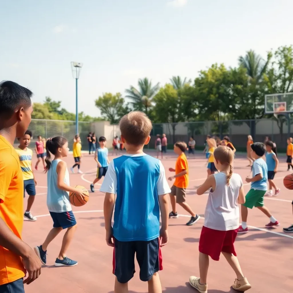 Children participating in a basketball clinic at a school gym.