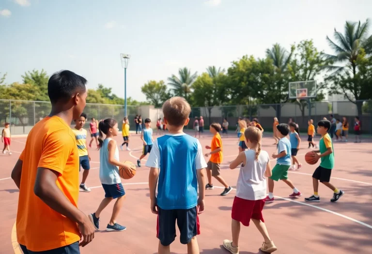 Children participating in a basketball clinic at a school gym.