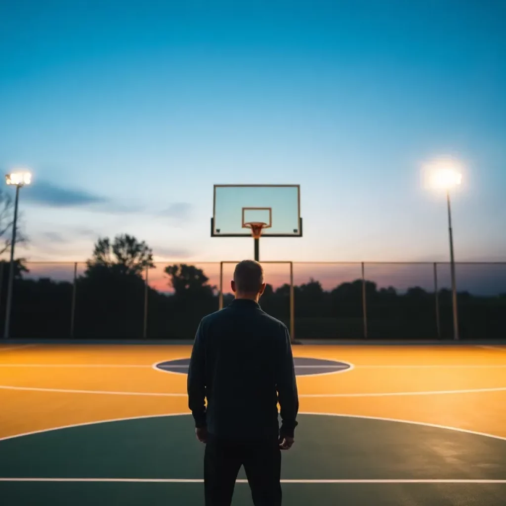 Basketball court silhouette at dusk symbolizing coaching legacy