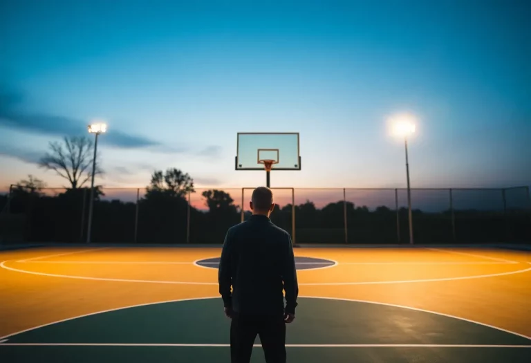 Basketball court silhouette at dusk symbolizing coaching legacy