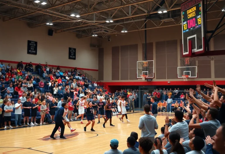A high school basketball game with enthusiastic fans and players in action.
