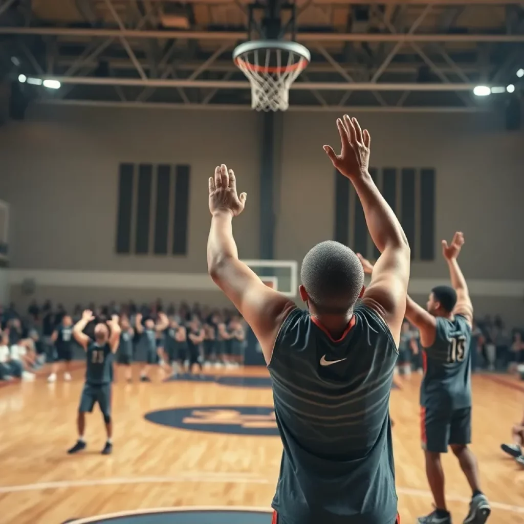 A vibrant basketball court with players and cheering fans representing triumph over adversity.