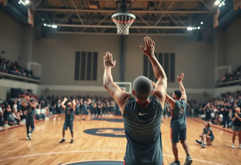 A vibrant basketball court with players and cheering fans representing triumph over adversity.